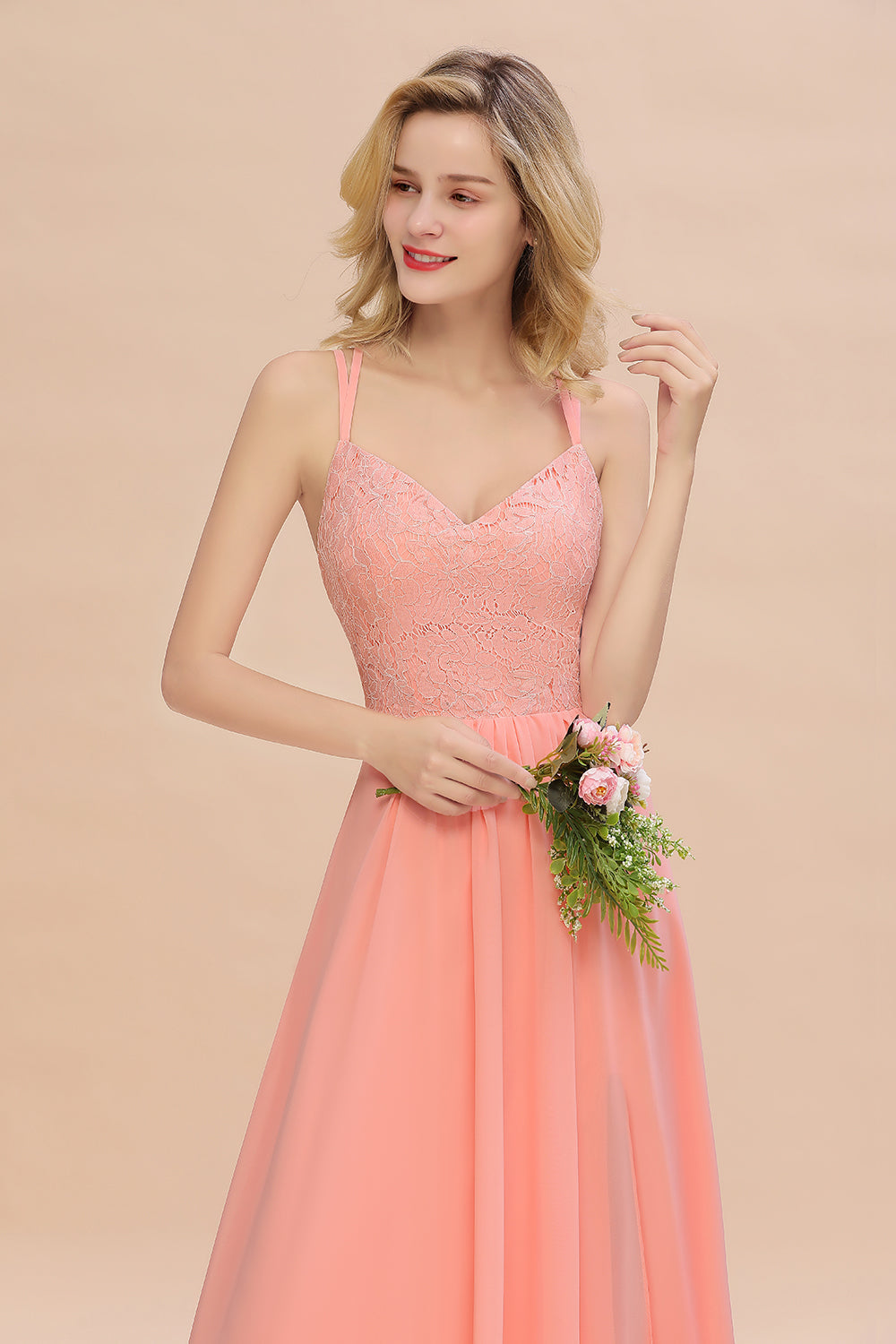 Sexy Spaghetti-Straps Coral Lace Bridesmaid Dresses with Slit-Babyonlines