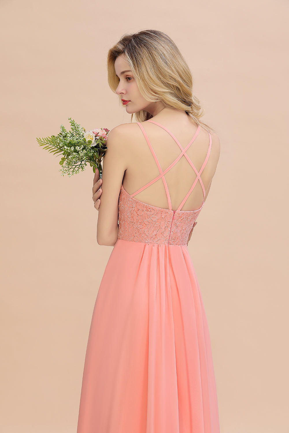 Sexy Spaghetti-Straps Coral Lace Bridesmaid Dresses with Slit-Babyonlines