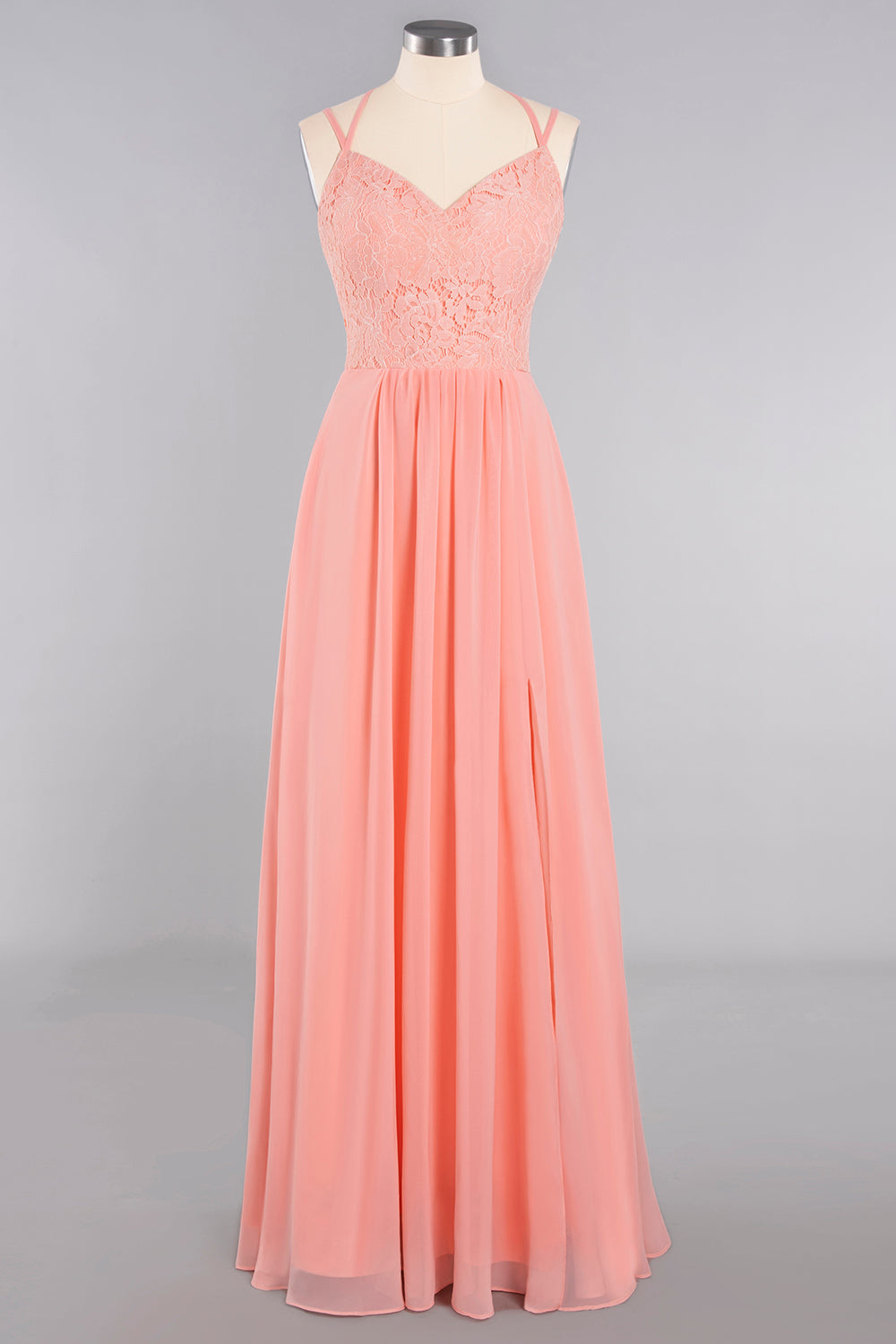 Sexy Spaghetti-Straps Coral Lace Bridesmaid Dresses with Slit-Babyonlines