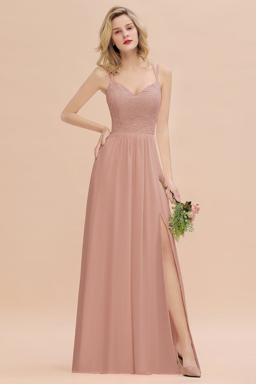 Sexy Spaghetti-Straps Coral Lace Bridesmaid Dresses with Slit-Babyonlines