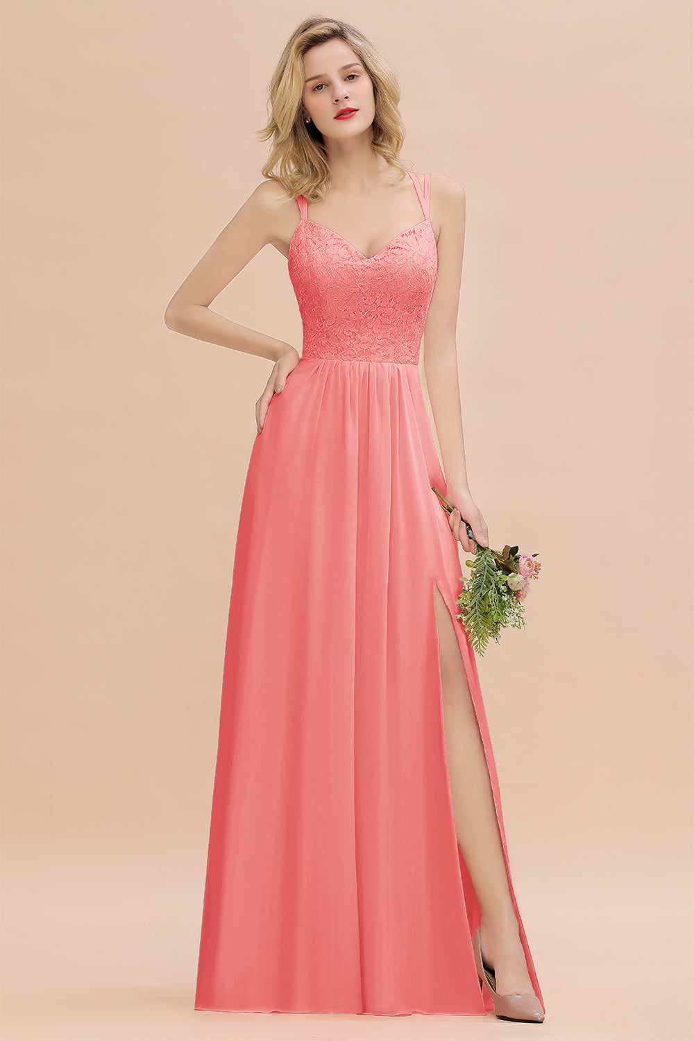 Sexy Spaghetti-Straps Coral Lace Bridesmaid Dresses with Slit-Babyonlines