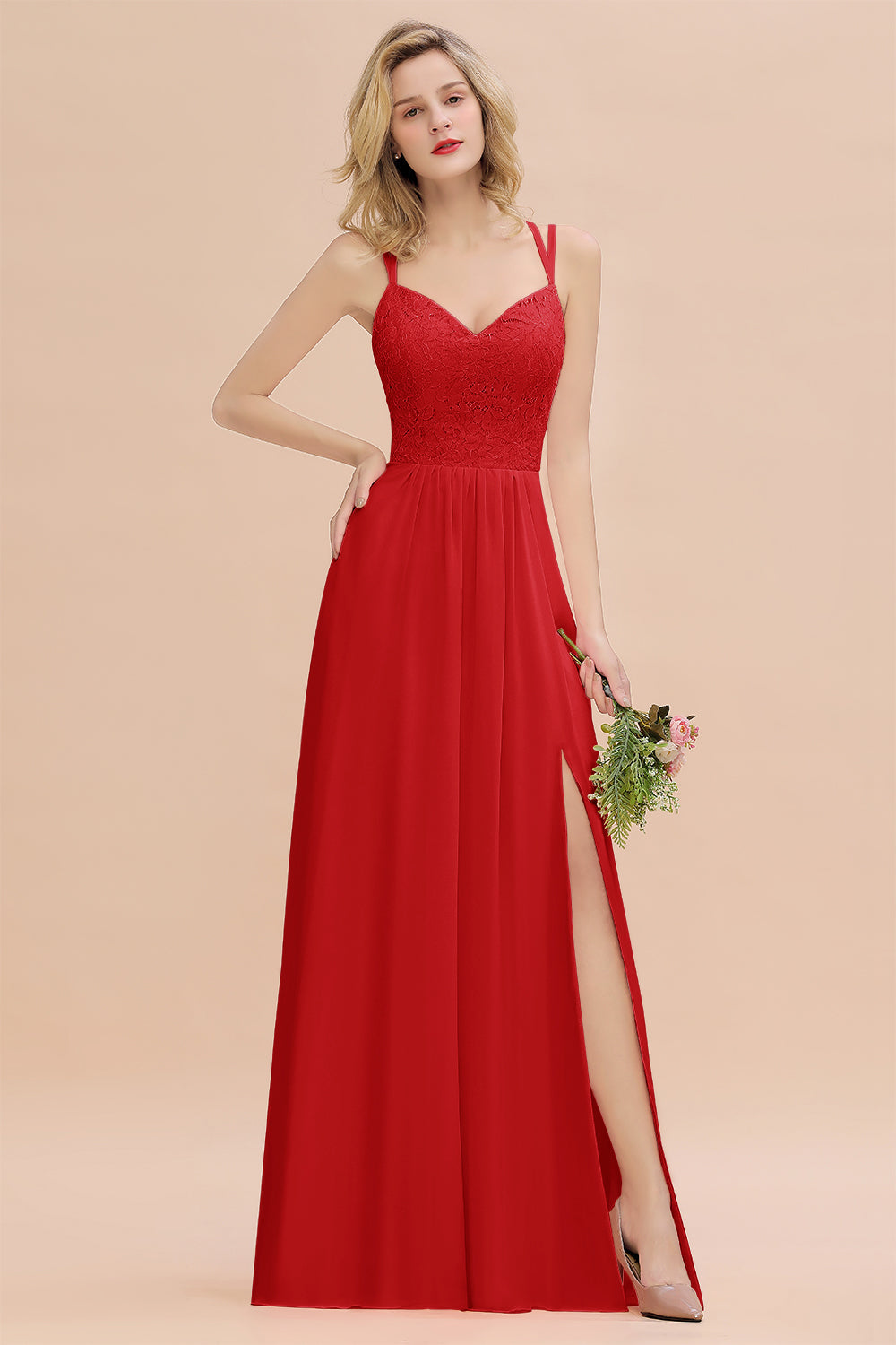 Sexy Spaghetti-Straps Coral Lace Bridesmaid Dresses with Slit-Babyonlines