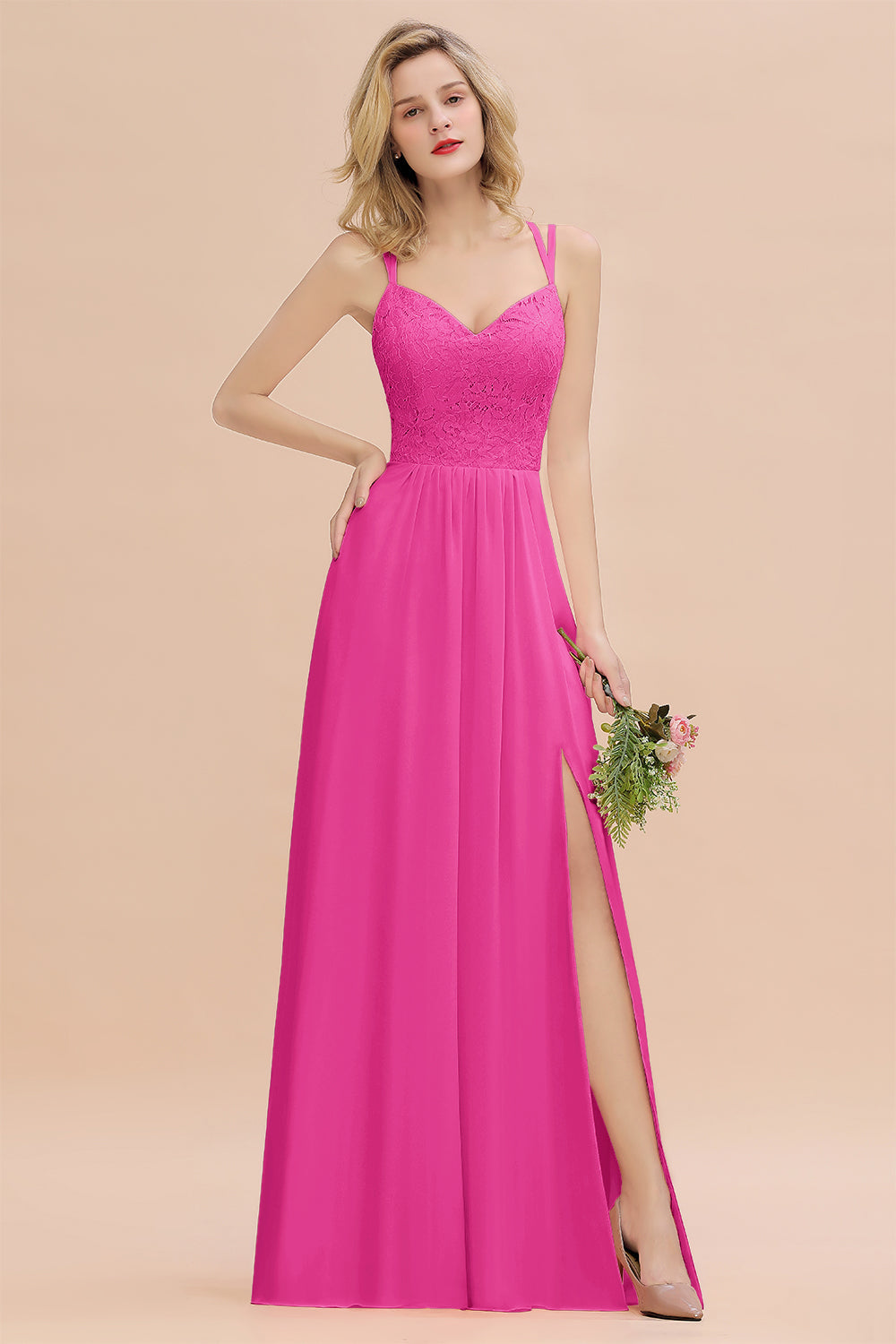 Sexy Spaghetti-Straps Coral Lace Bridesmaid Dresses with Slit-Babyonlines