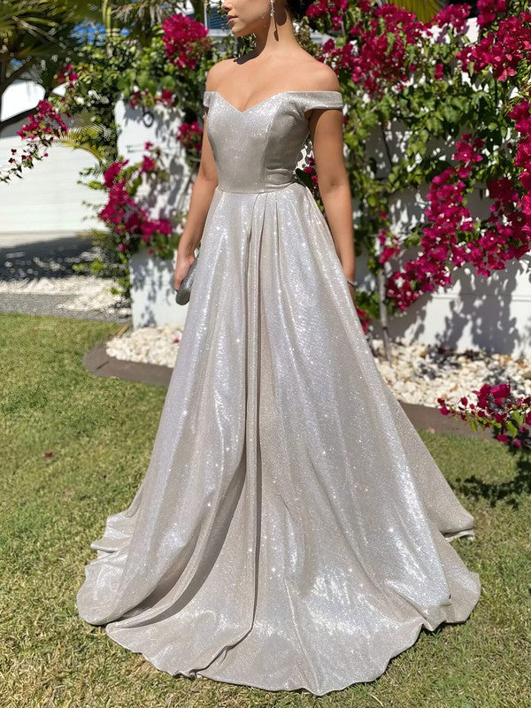 Shimmer Crepe Sweep Train Prom Dresses with Off-the-shoulder Ball Gown Design