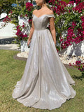 Shimmer Crepe Sweep Train Prom Dresses with Off-the-shoulder Ball Gown Design