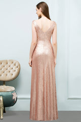 Shiny Sequined Scoop Sleeveless Champagne Bridesmaid Dress Online-Babyonlines