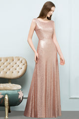 Shiny Sequined Scoop Sleeveless Champagne Bridesmaid Dress Online-Babyonlines