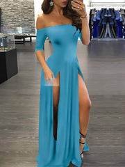 Silk-like Satin Off-the-shoulder Prom Dress with Split Front and Sweep Train