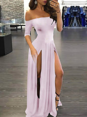 Silk-like Satin Off-the-shoulder Prom Dress with Split Front and Sweep Train