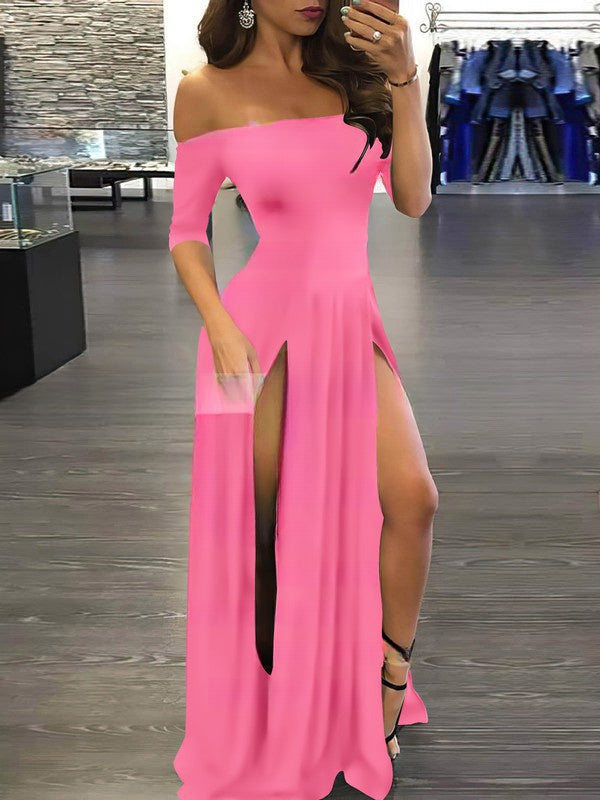 Silk-like Satin Off-the-shoulder Prom Dress with Split Front and Sweep Train