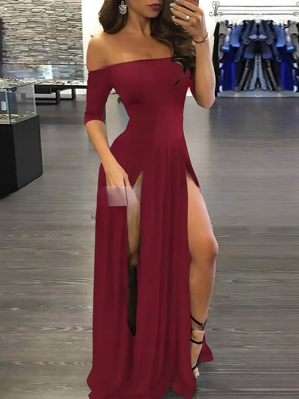 Silk-like Satin Off-the-shoulder Prom Dress with Split Front and Sweep Train