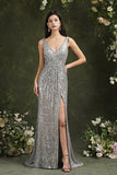 Silver Sequins Bridesmaid Dress V-Neck Sleeveless With Slit-Babyonlines