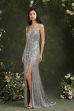 Silver Sequins Bridesmaid Dress V-Neck Sleeveless With Slit-Babyonlines