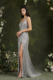 Silver Sequins Bridesmaid Dress V-Neck Sleeveless With Slit-Babyonlines