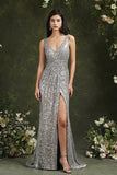 Silver Sequins Bridesmaid Dress V-Neck Sleeveless With Slit-Babyonlines