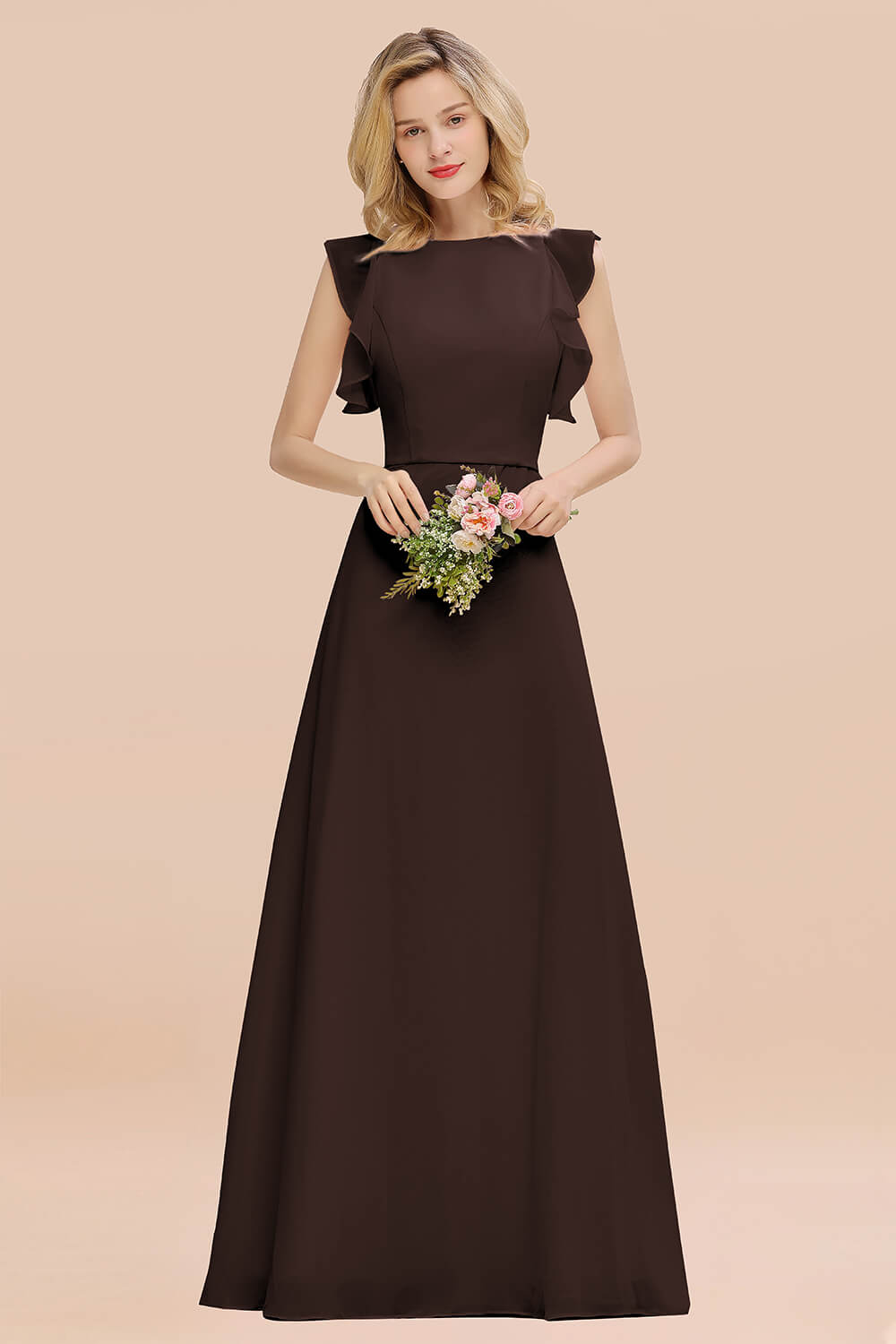 Simple Jewel Draped Sleeves Blushing Pink Bridesmaid Dress Online-Babyonlines