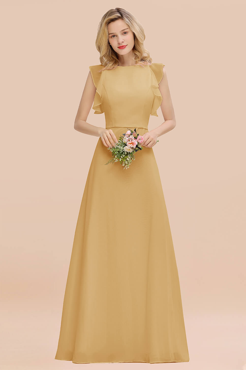 Simple Jewel Draped Sleeves Blushing Pink Bridesmaid Dress Online-Babyonlines