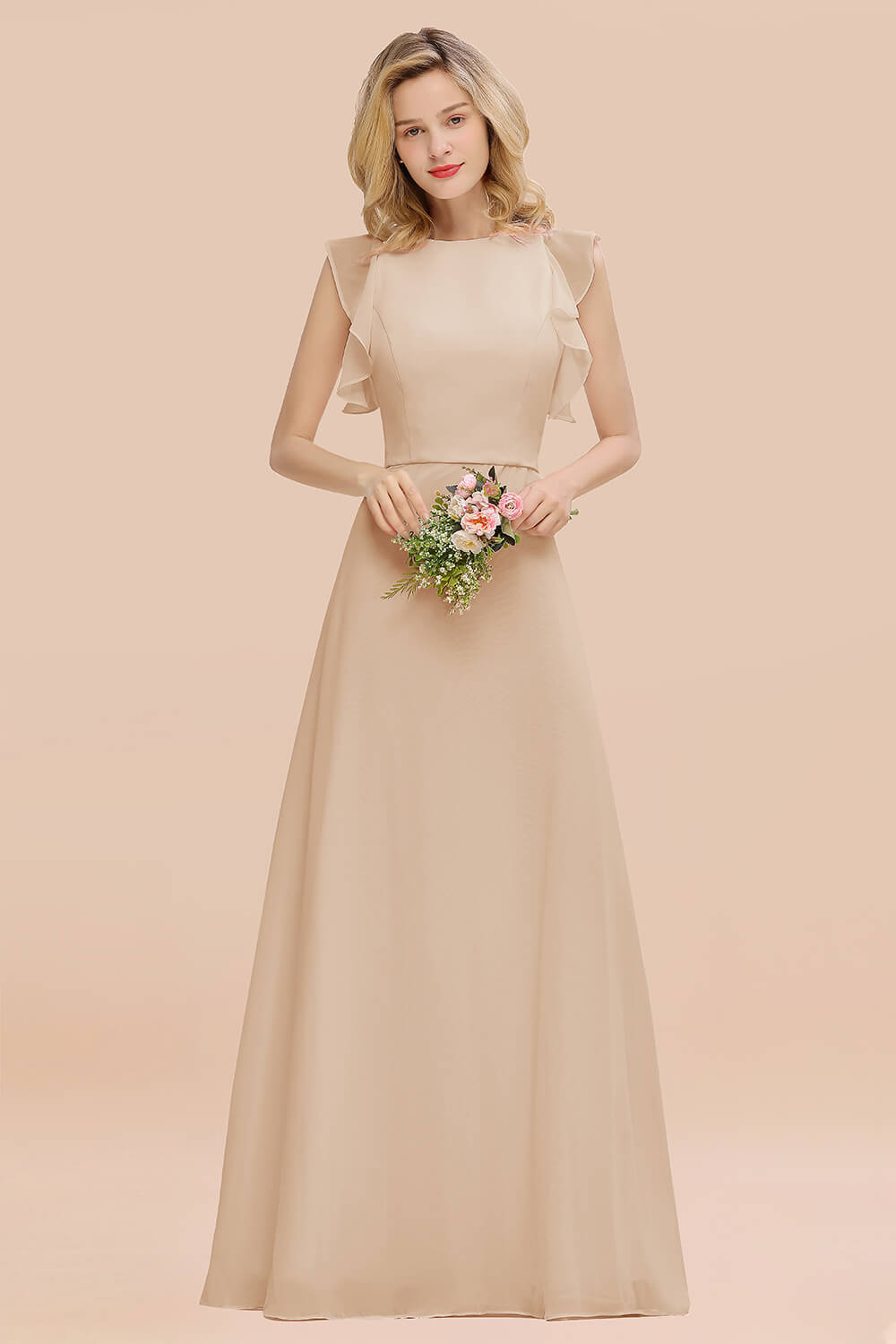 Simple Jewel Draped Sleeves Blushing Pink Bridesmaid Dress Online-Babyonlines