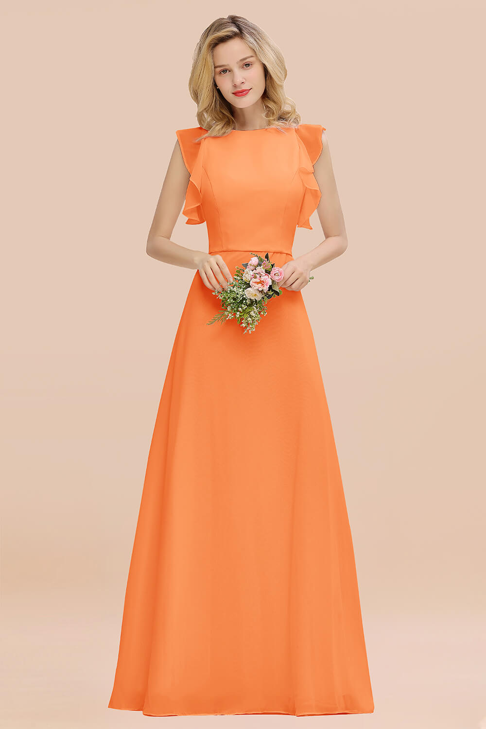 Simple Jewel Draped Sleeves Blushing Pink Bridesmaid Dress Online-Babyonlines