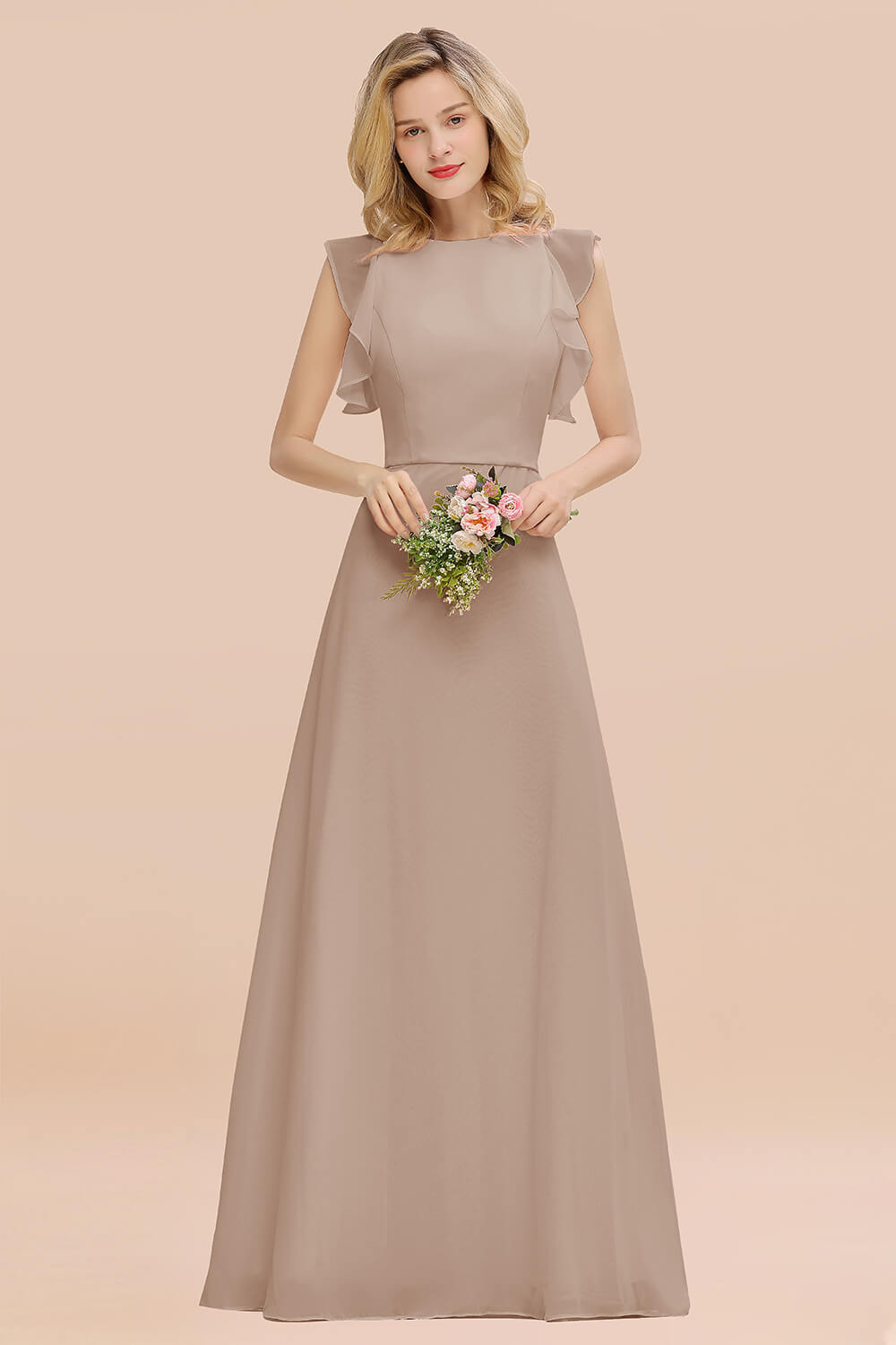 Simple Jewel Draped Sleeves Blushing Pink Bridesmaid Dress Online-Babyonlines