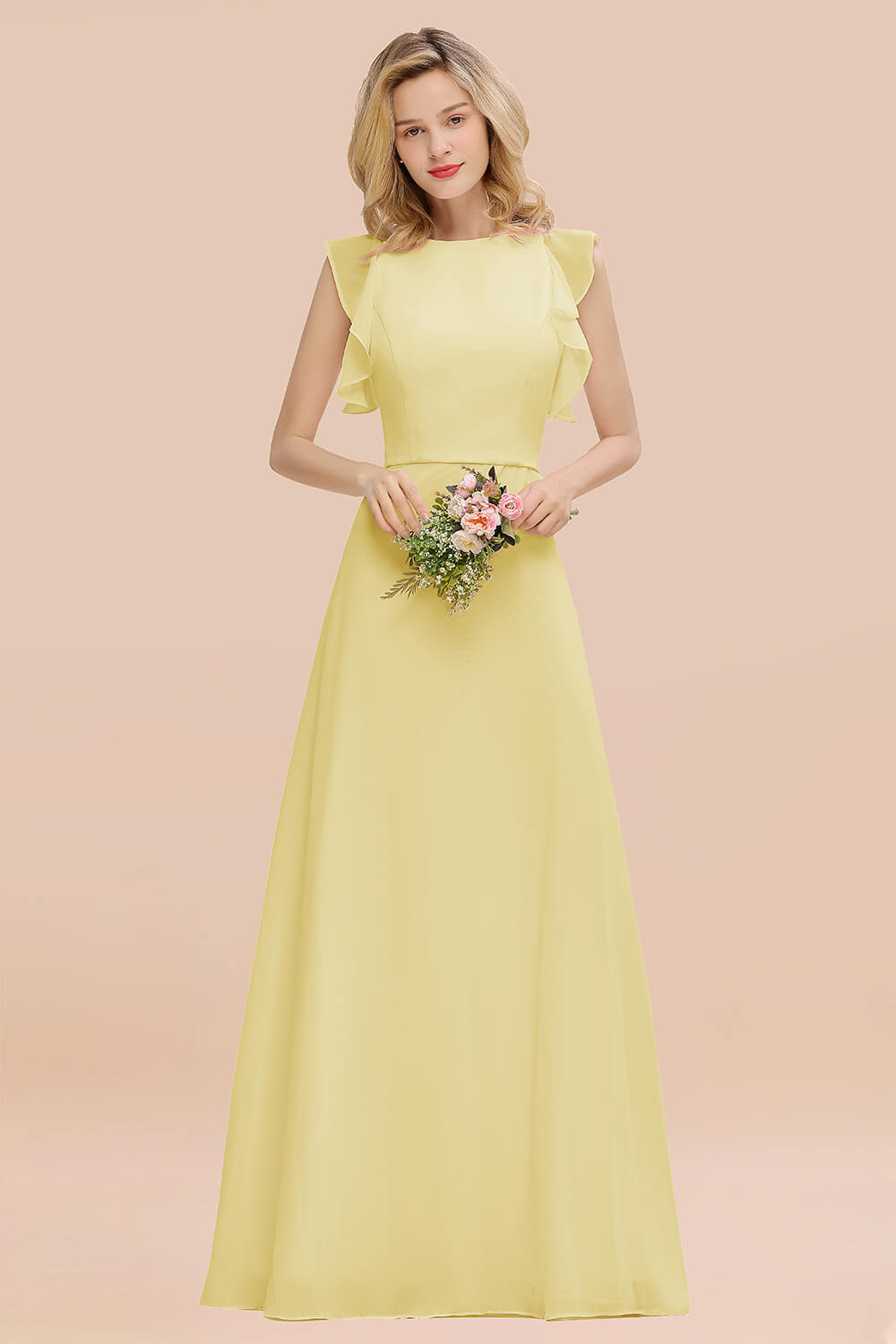 Simple Jewel Draped Sleeves Blushing Pink Bridesmaid Dress Online-Babyonlines