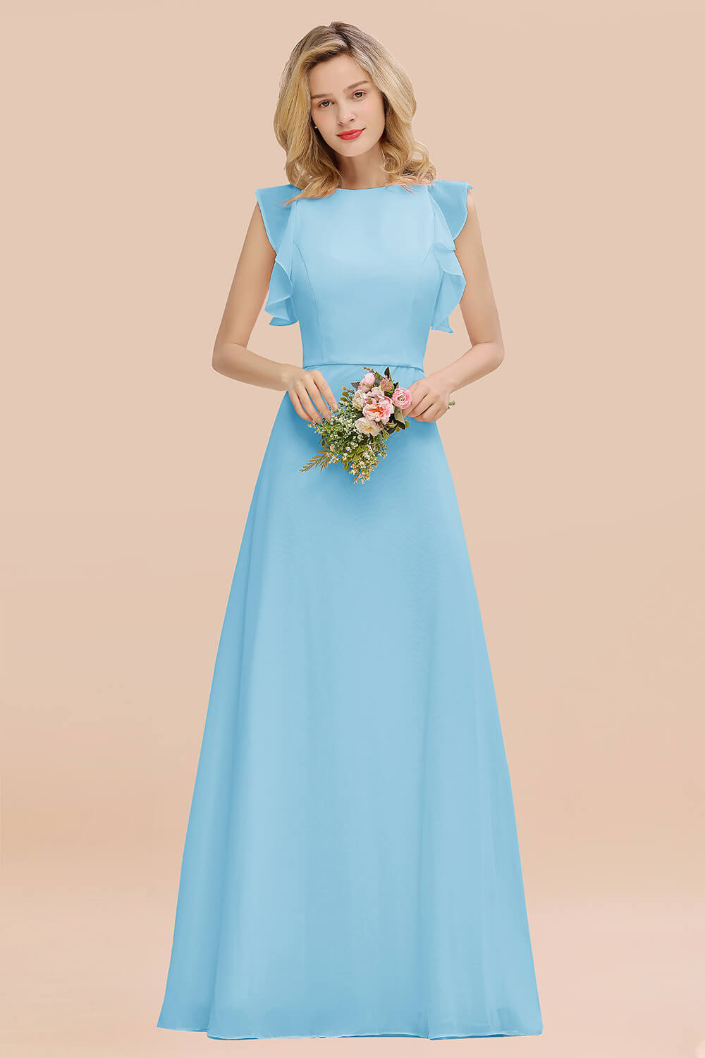 Simple Jewel Draped Sleeves Blushing Pink Bridesmaid Dress Online-Babyonlines