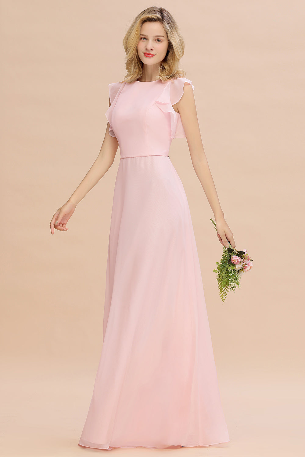 Simple Jewel Draped Sleeves Blushing Pink Bridesmaid Dress Online-Babyonlines