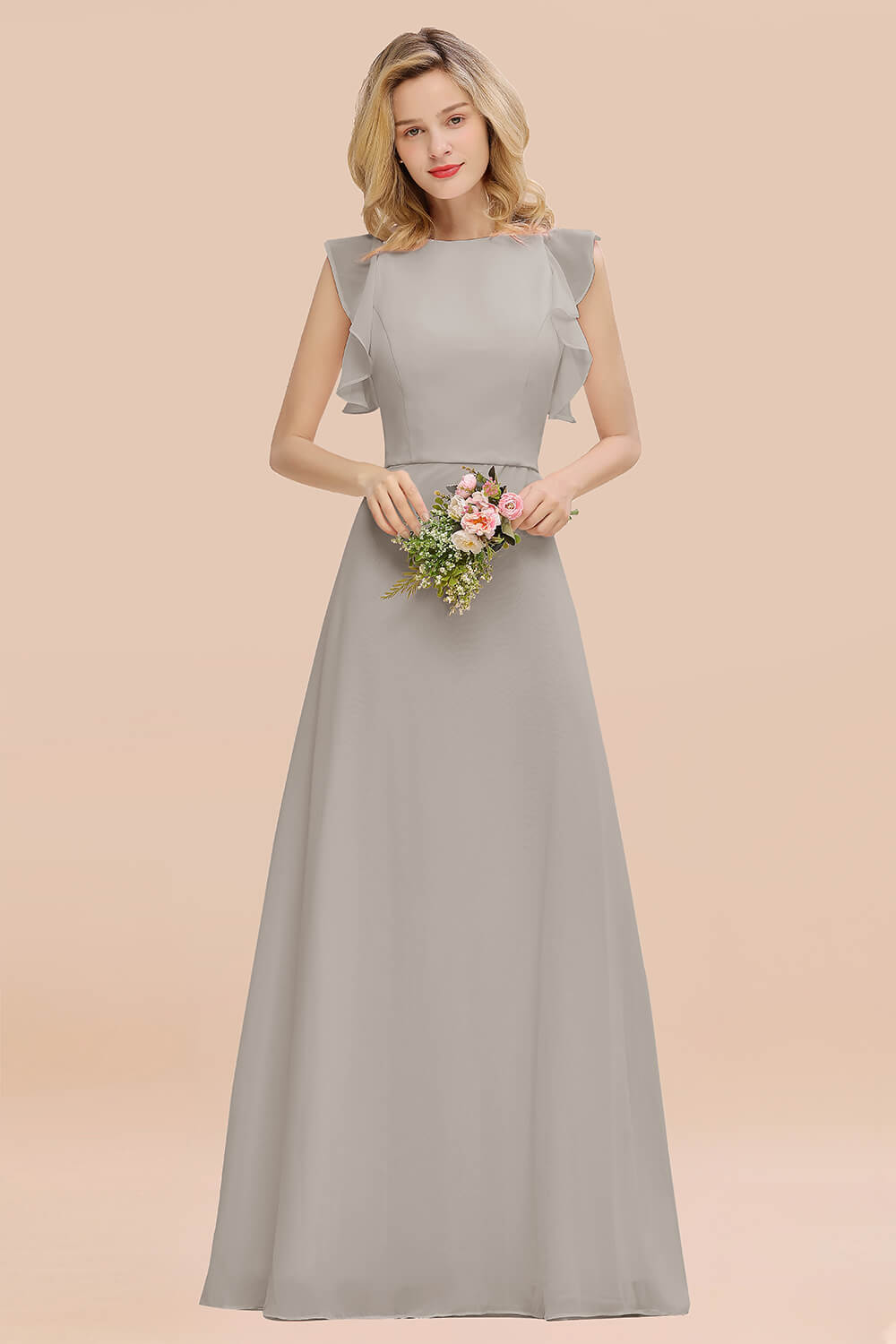 Simple Jewel Draped Sleeves Blushing Pink Bridesmaid Dress Online-Babyonlines