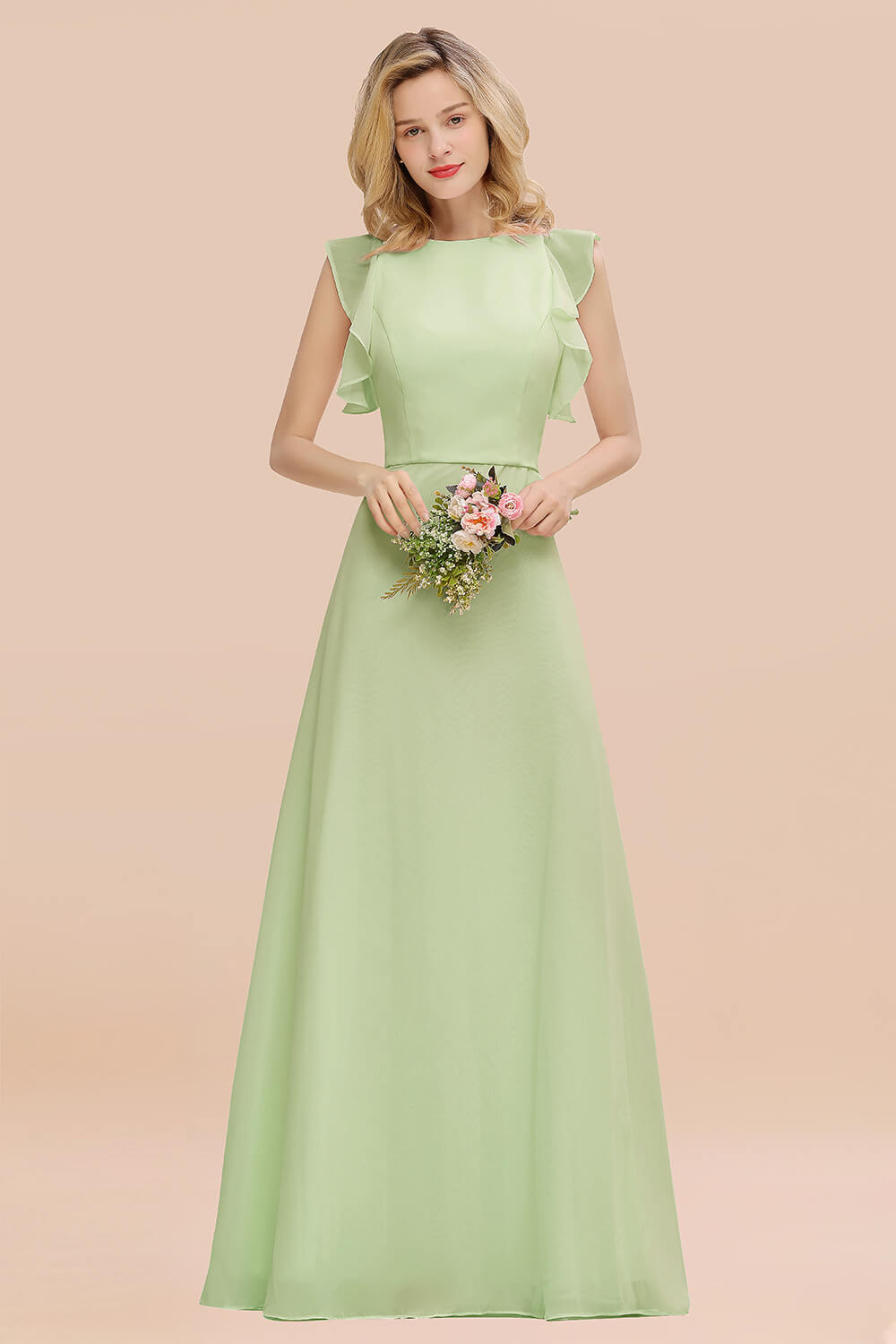 Simple Jewel Draped Sleeves Blushing Pink Bridesmaid Dress Online-Babyonlines