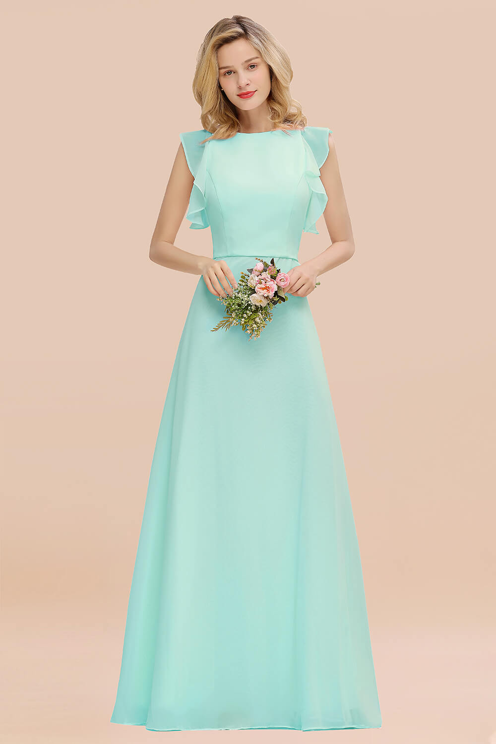 Simple Jewel Draped Sleeves Blushing Pink Bridesmaid Dress Online-Babyonlines