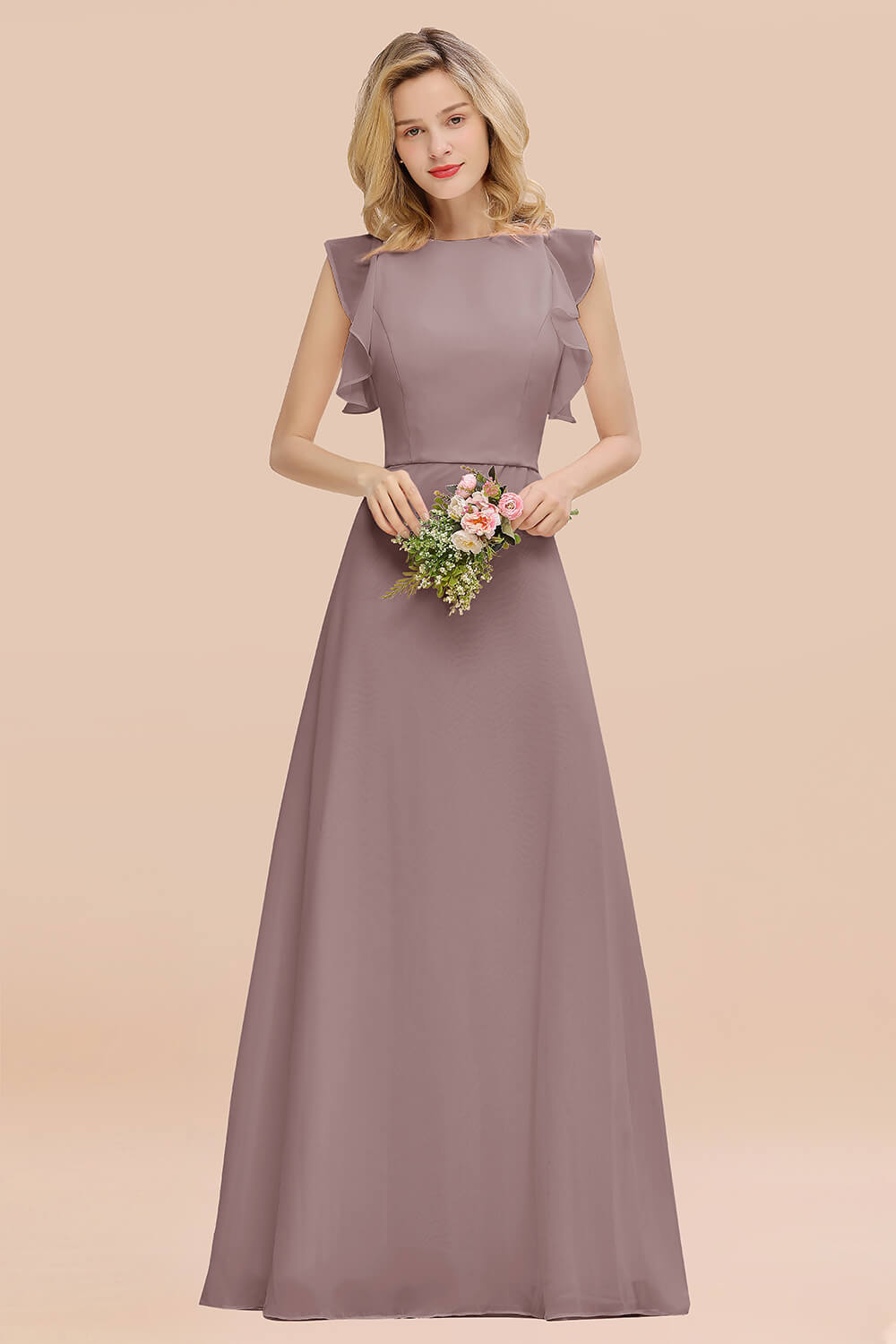 Simple Jewel Draped Sleeves Blushing Pink Bridesmaid Dress Online-Babyonlines