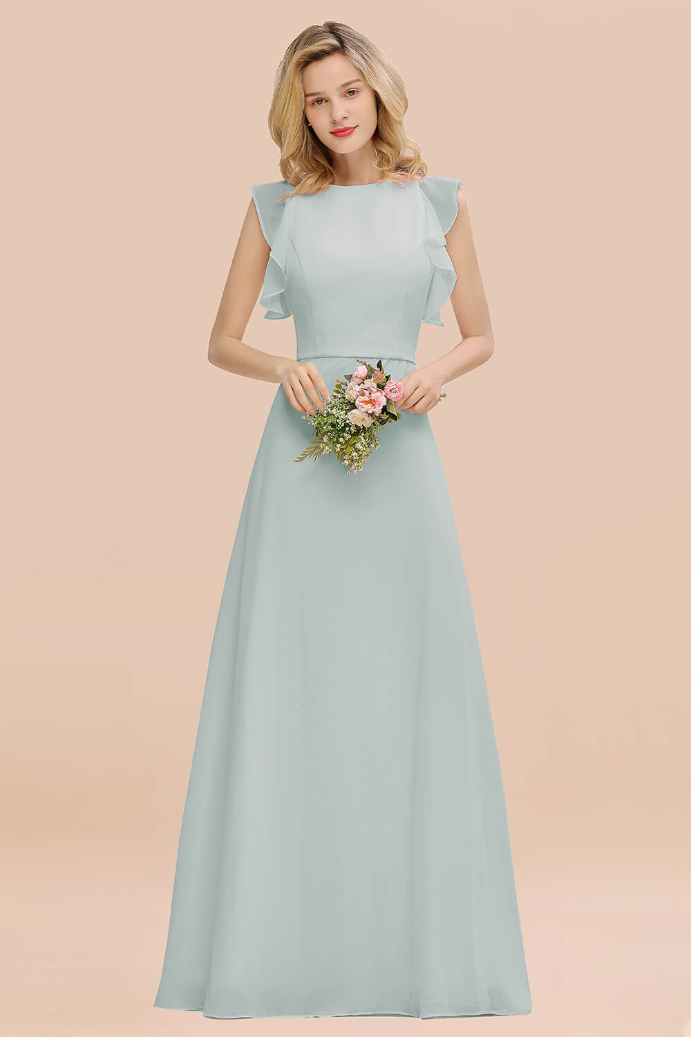 Simple Jewel Draped Sleeves Blushing Pink Bridesmaid Dress Online-Babyonlines