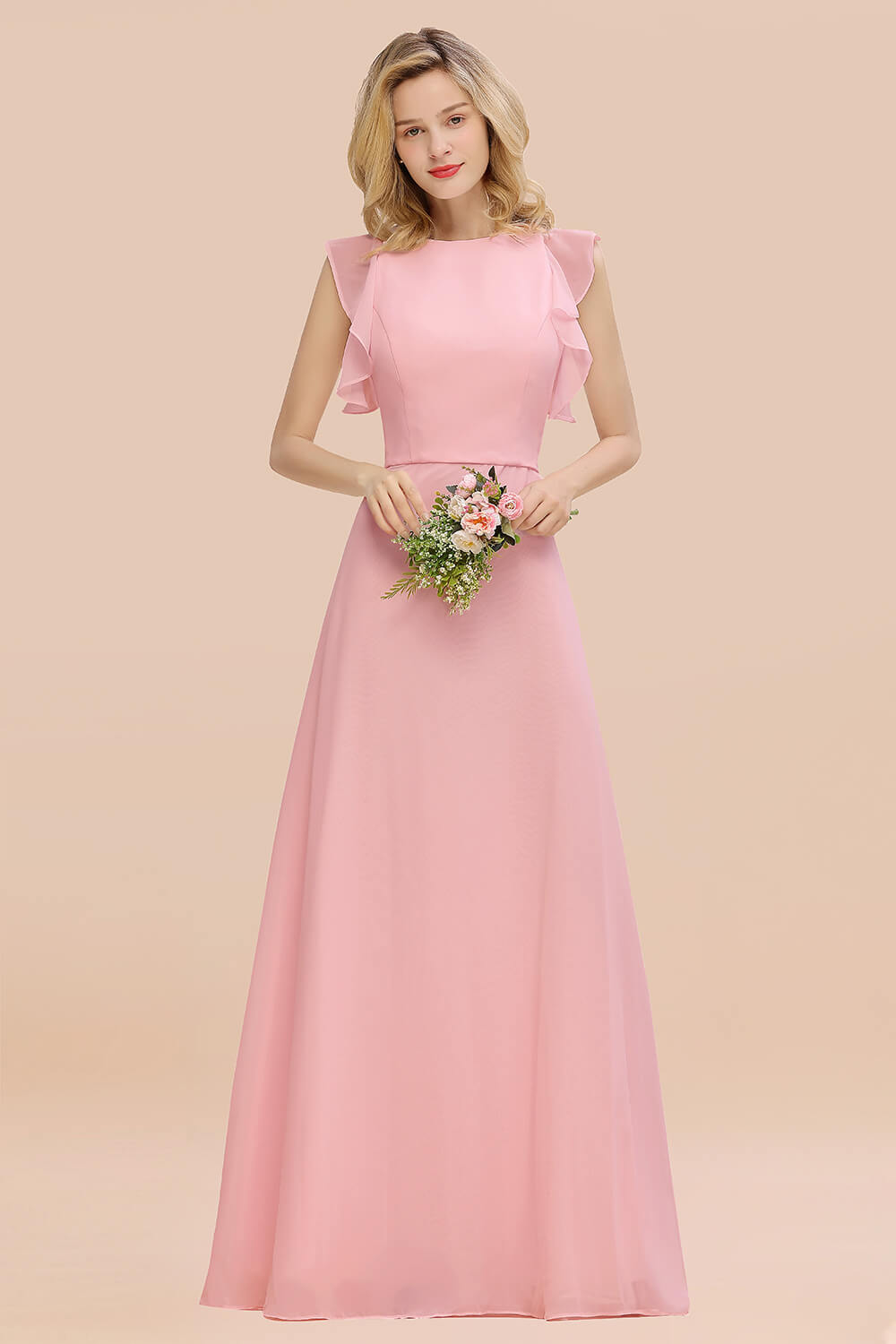 Simple Jewel Draped Sleeves Blushing Pink Bridesmaid Dress Online-Babyonlines