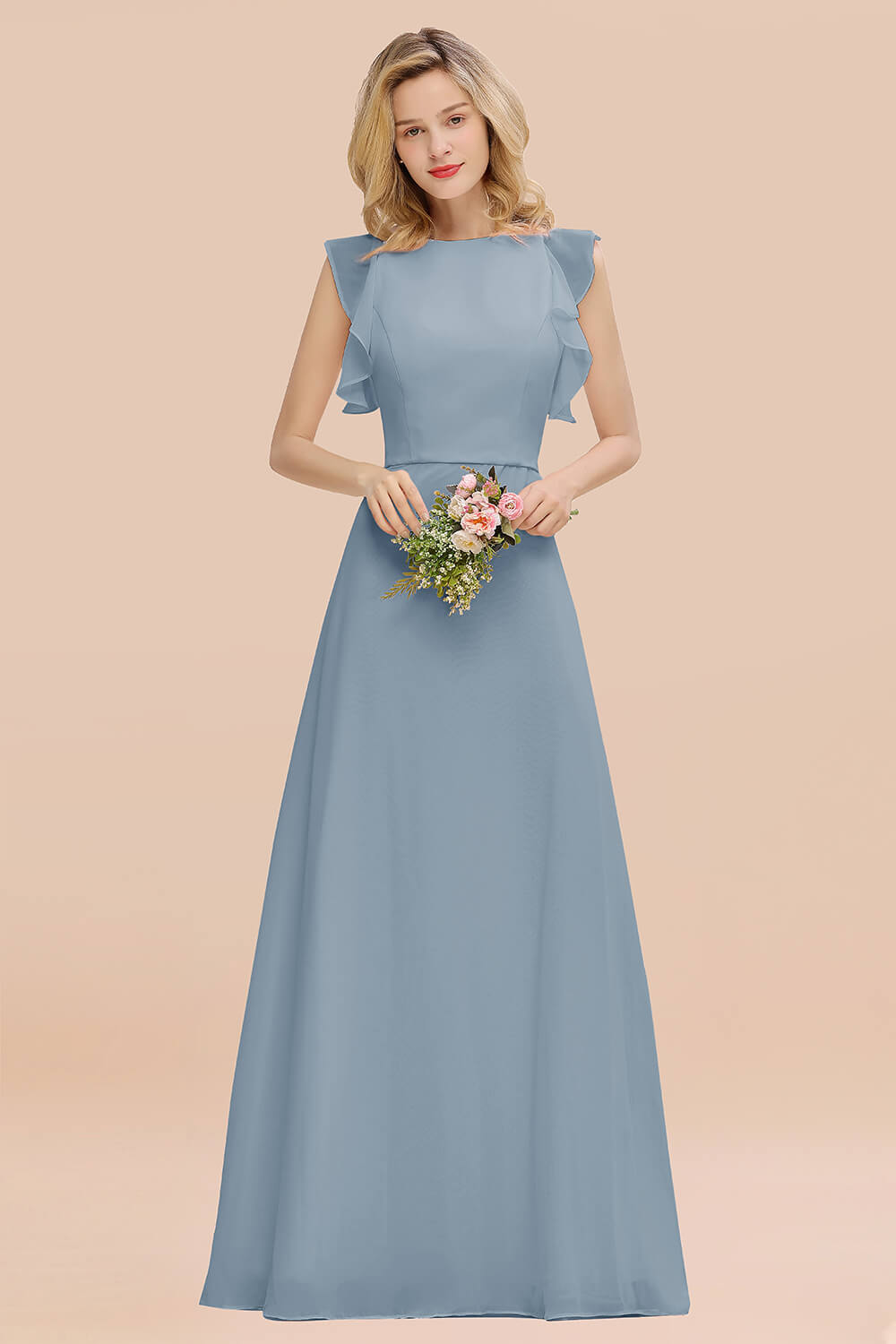 Simple Jewel Draped Sleeves Blushing Pink Bridesmaid Dress Online-Babyonlines