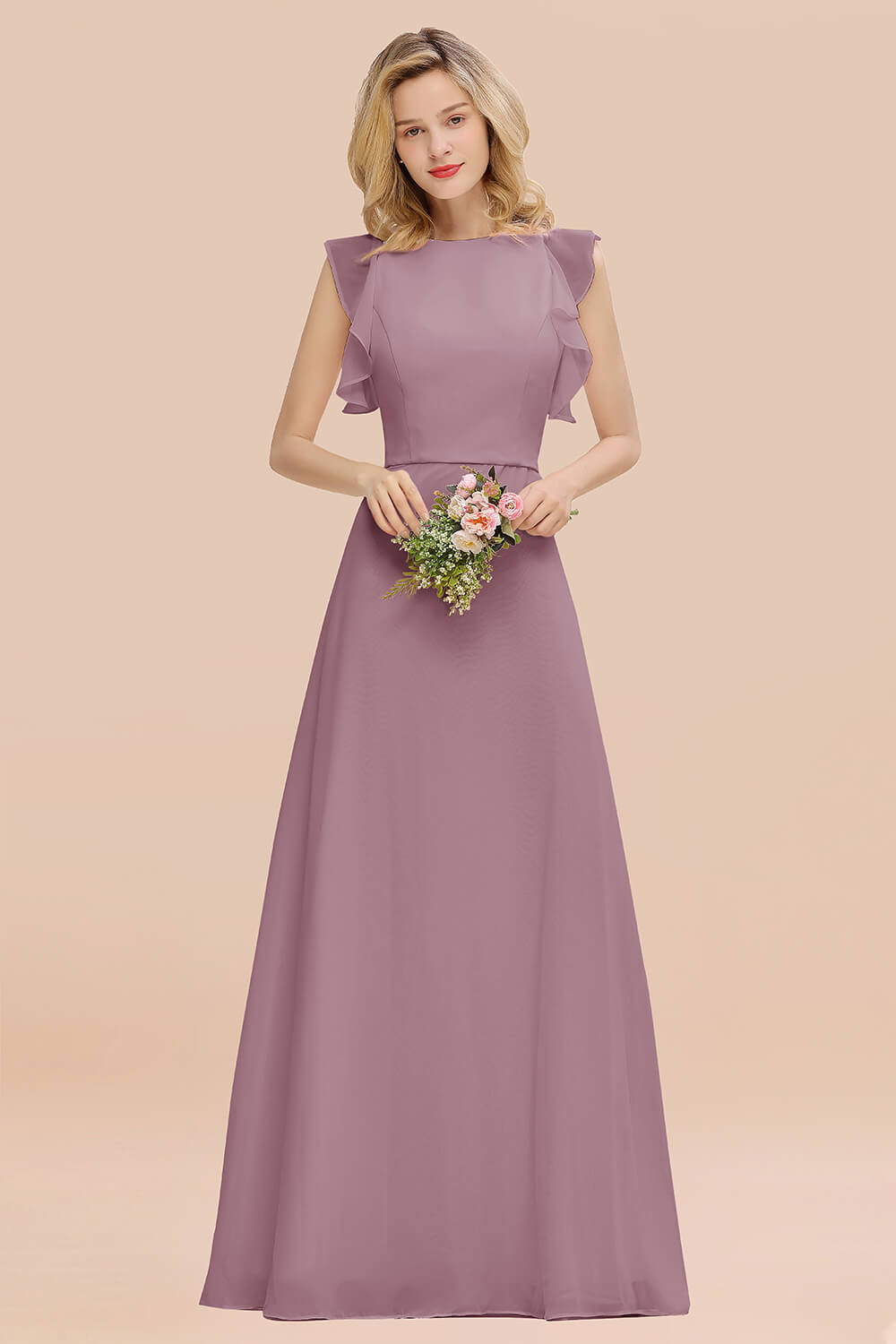 Simple Jewel Draped Sleeves Blushing Pink Bridesmaid Dress Online-Babyonlines