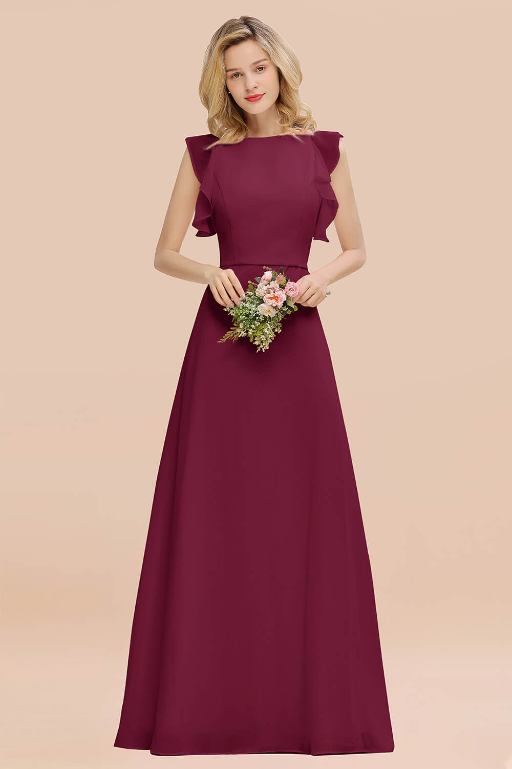 Simple Jewel Draped Sleeves Blushing Pink Bridesmaid Dress Online-Babyonlines