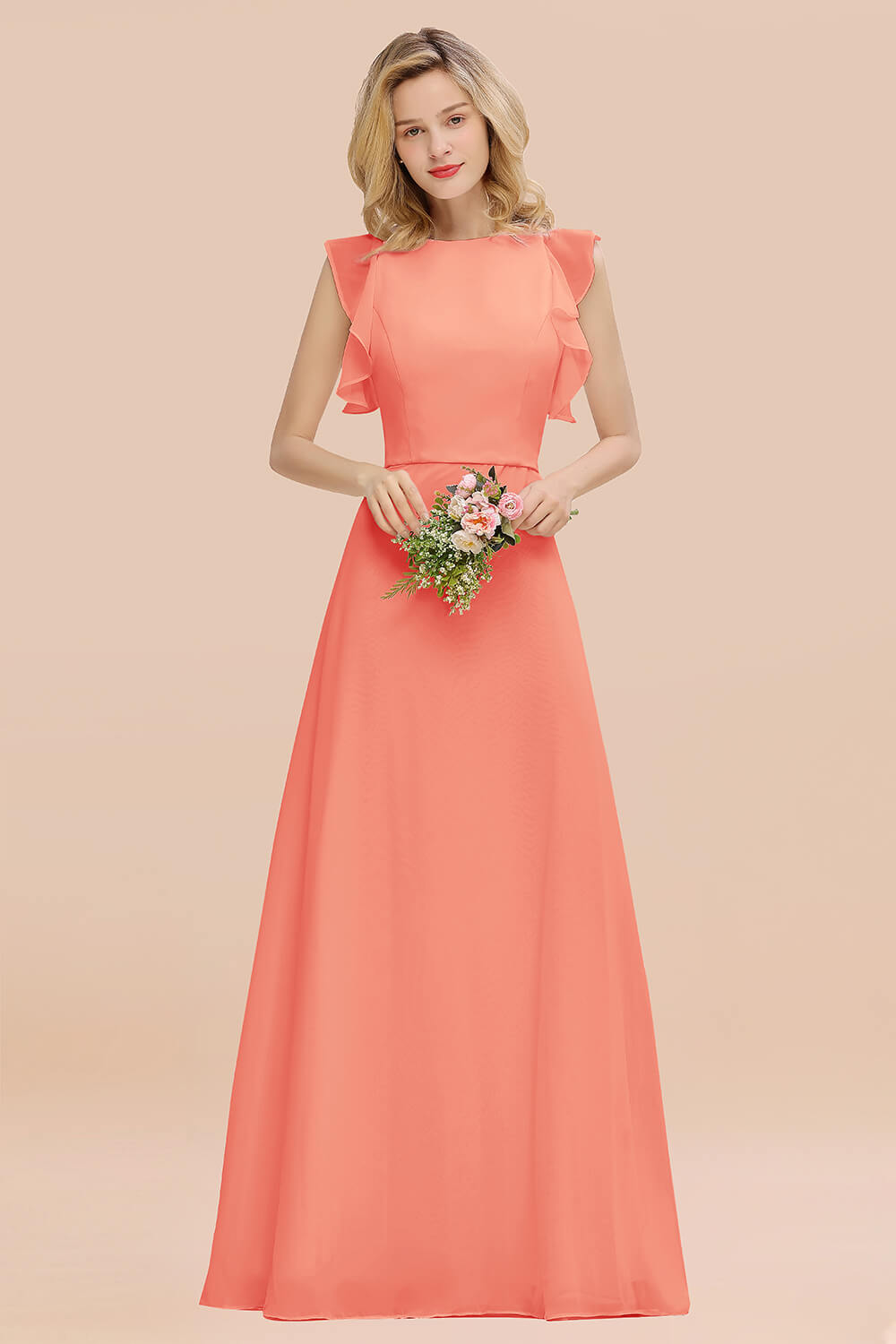 Simple Jewel Draped Sleeves Blushing Pink Bridesmaid Dress Online-Babyonlines