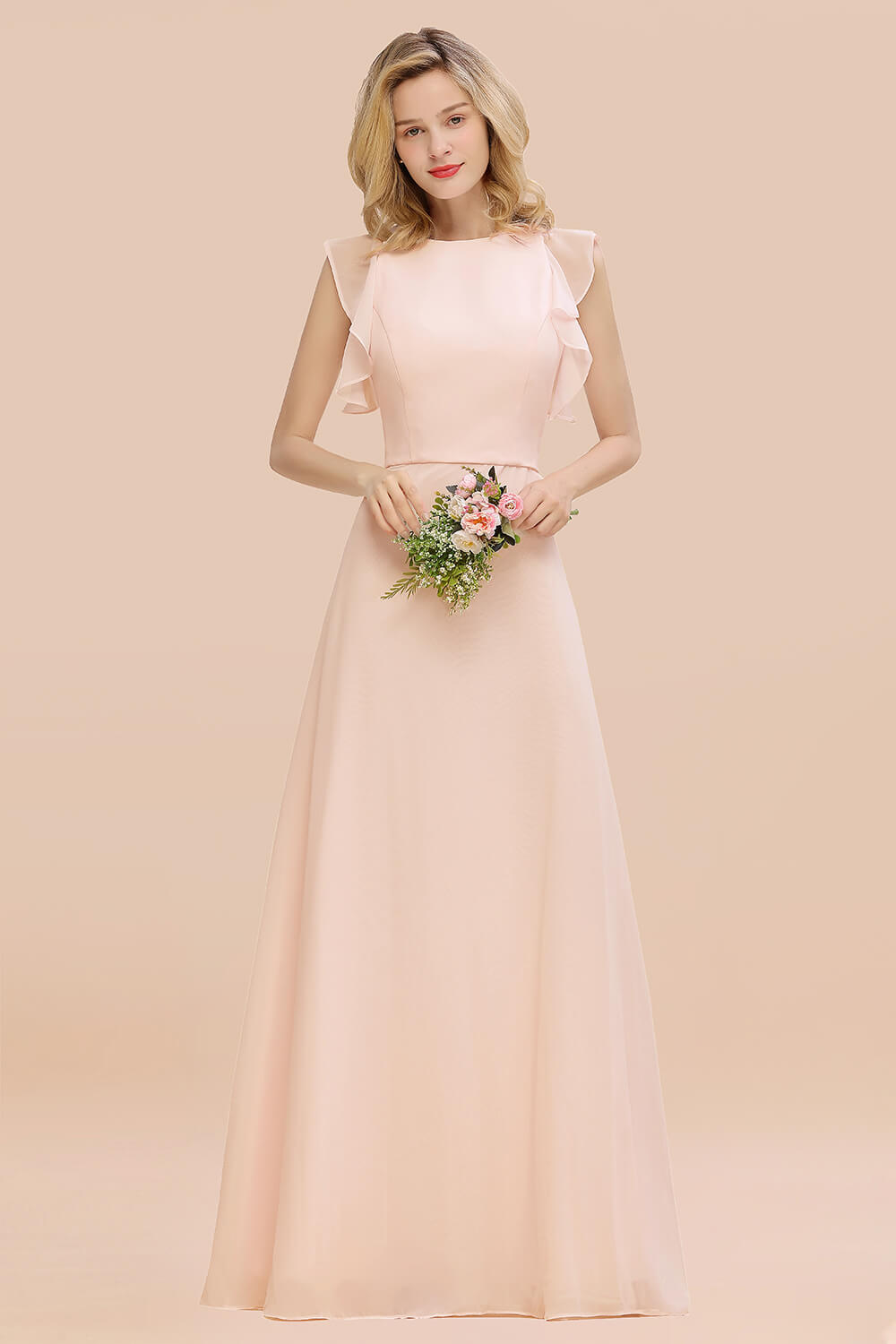 Simple Jewel Draped Sleeves Blushing Pink Bridesmaid Dress Online-Babyonlines