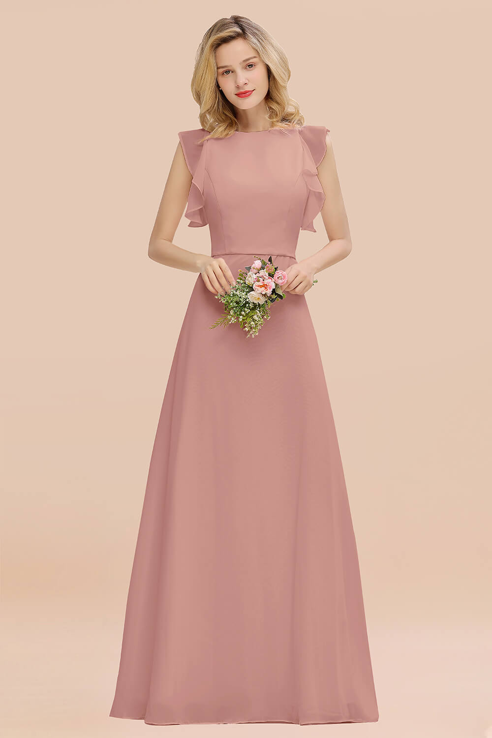 Simple Jewel Draped Sleeves Blushing Pink Bridesmaid Dress Online-Babyonlines