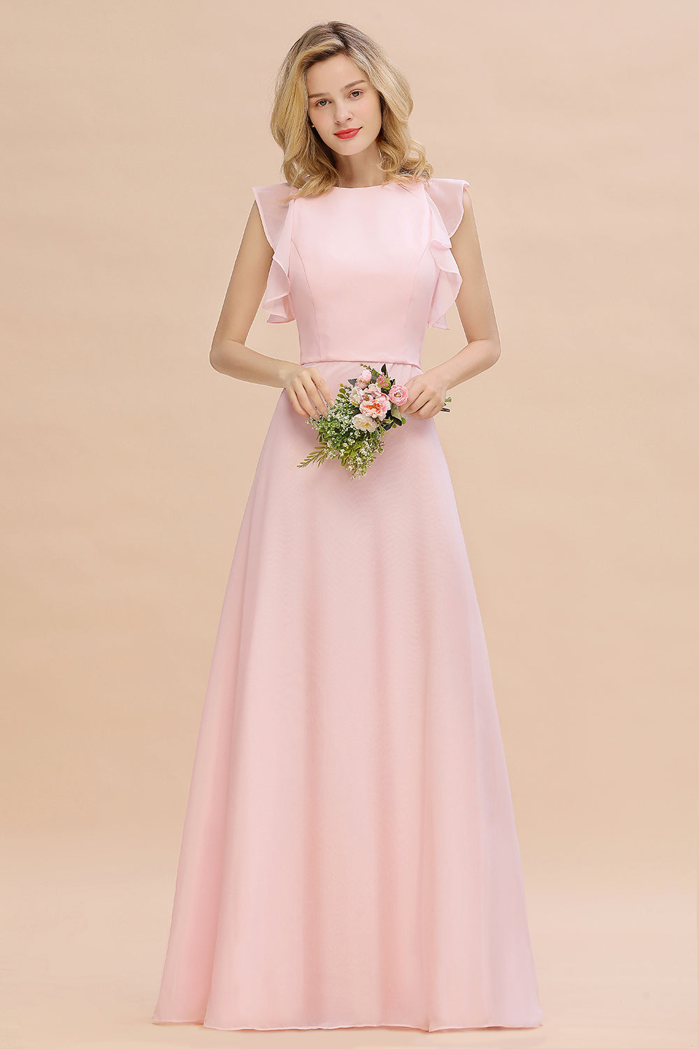 Simple Jewel Draped Sleeves Blushing Pink Bridesmaid Dress Online-Babyonlines