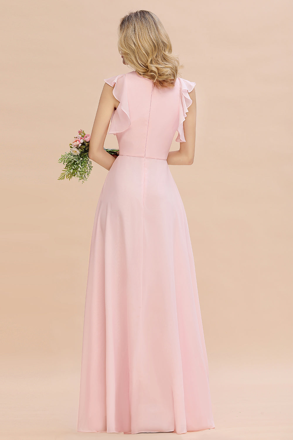 Simple Jewel Draped Sleeves Blushing Pink Bridesmaid Dress Online-Babyonlines