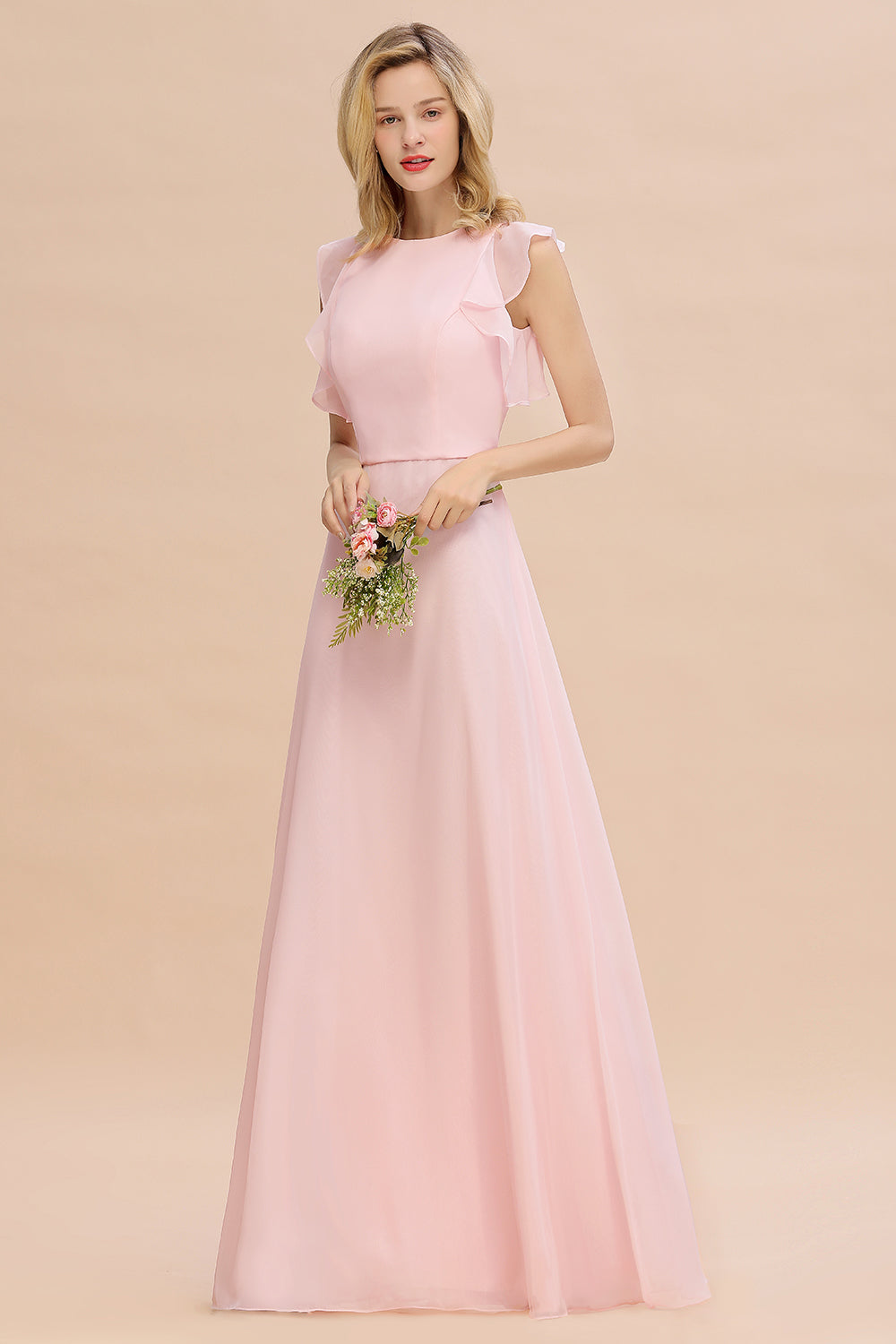 Simple Jewel Draped Sleeves Blushing Pink Bridesmaid Dress Online-Babyonlines