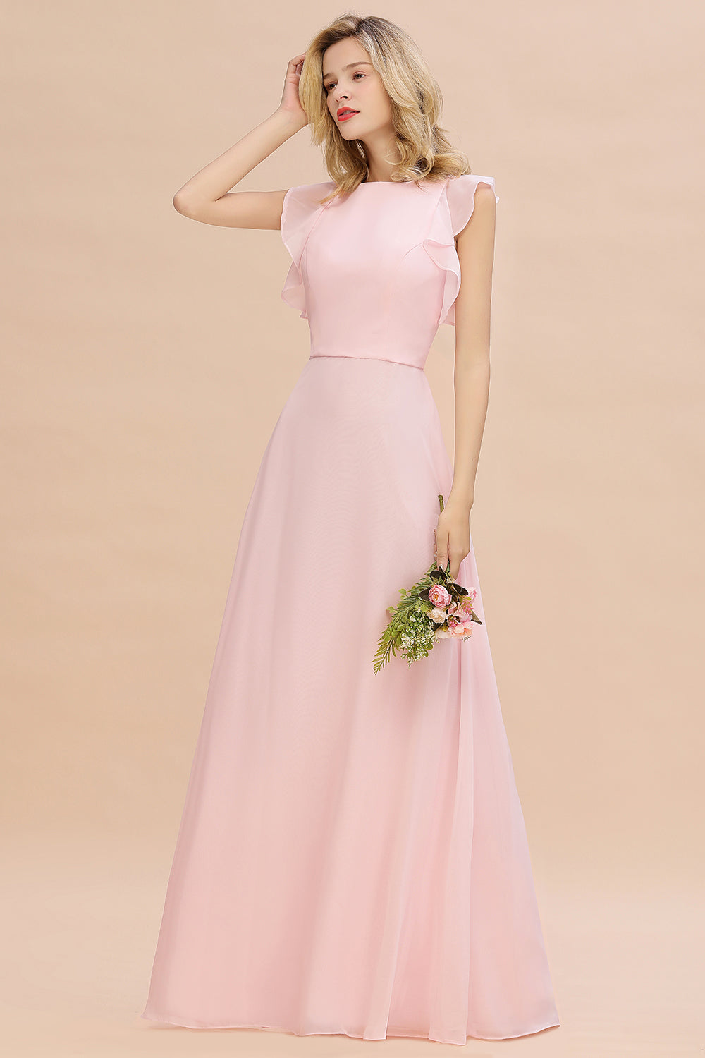 Simple Jewel Draped Sleeves Blushing Pink Bridesmaid Dress Online-Babyonlines