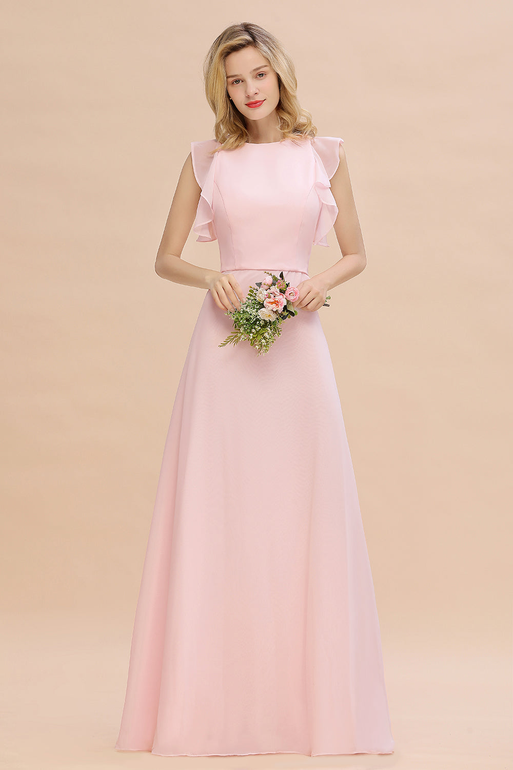 Simple Jewel Draped Sleeves Blushing Pink Bridesmaid Dress Online-Babyonlines