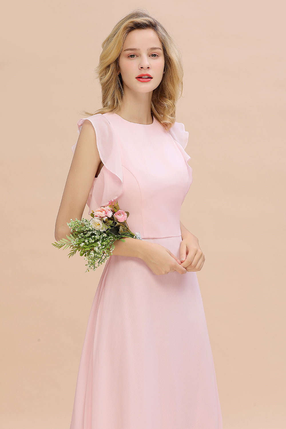 Simple Jewel Draped Sleeves Blushing Pink Bridesmaid Dress Online-Babyonlines