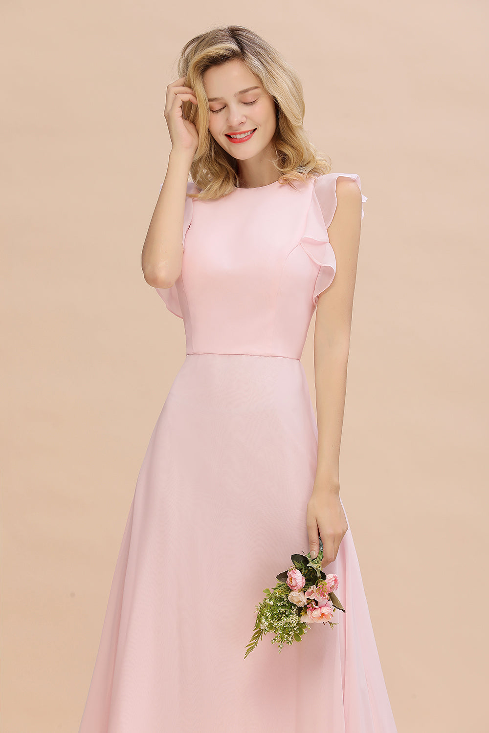 Simple Jewel Draped Sleeves Blushing Pink Bridesmaid Dress Online-Babyonlines