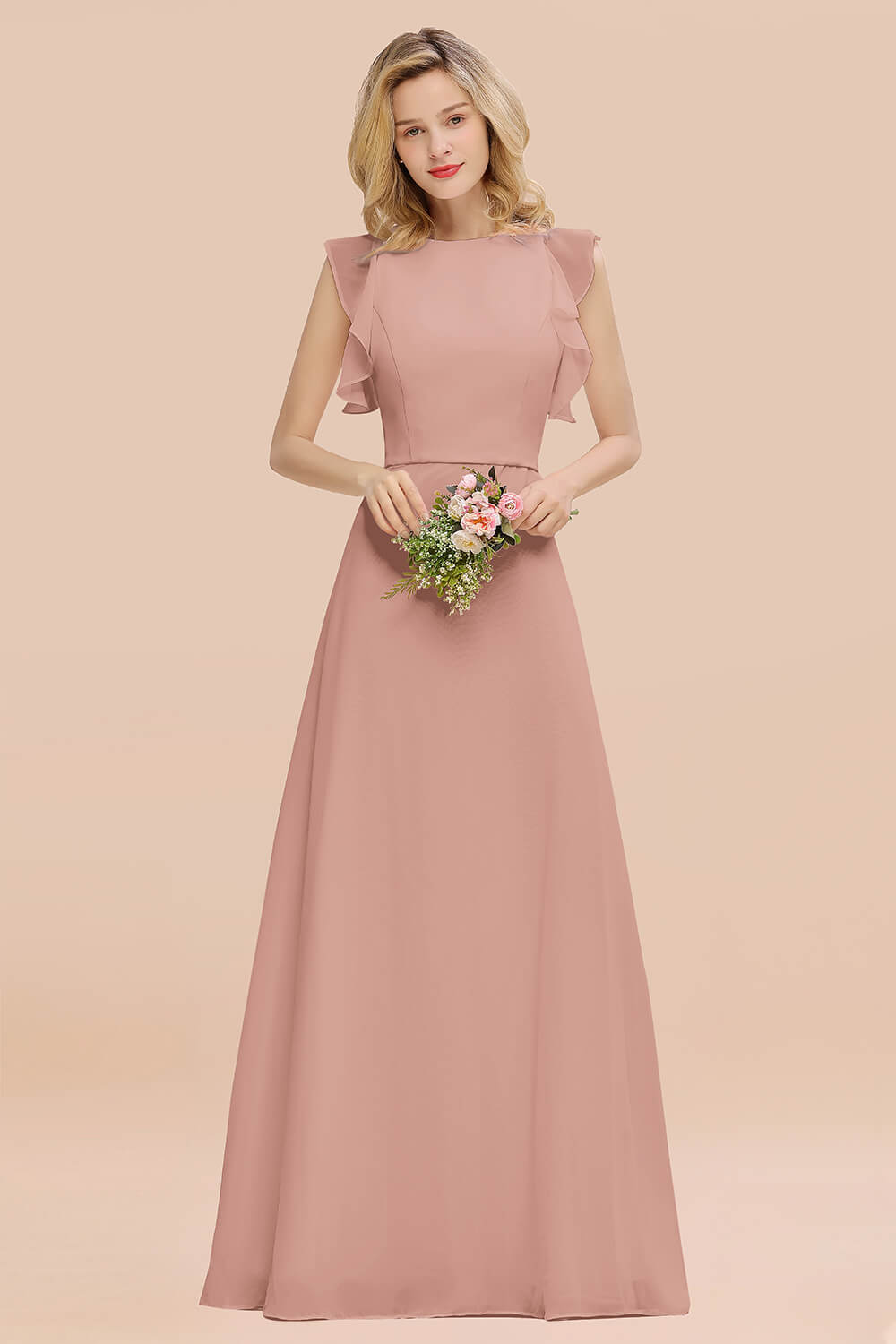 Simple Jewel Draped Sleeves Blushing Pink Bridesmaid Dress Online-Babyonlines