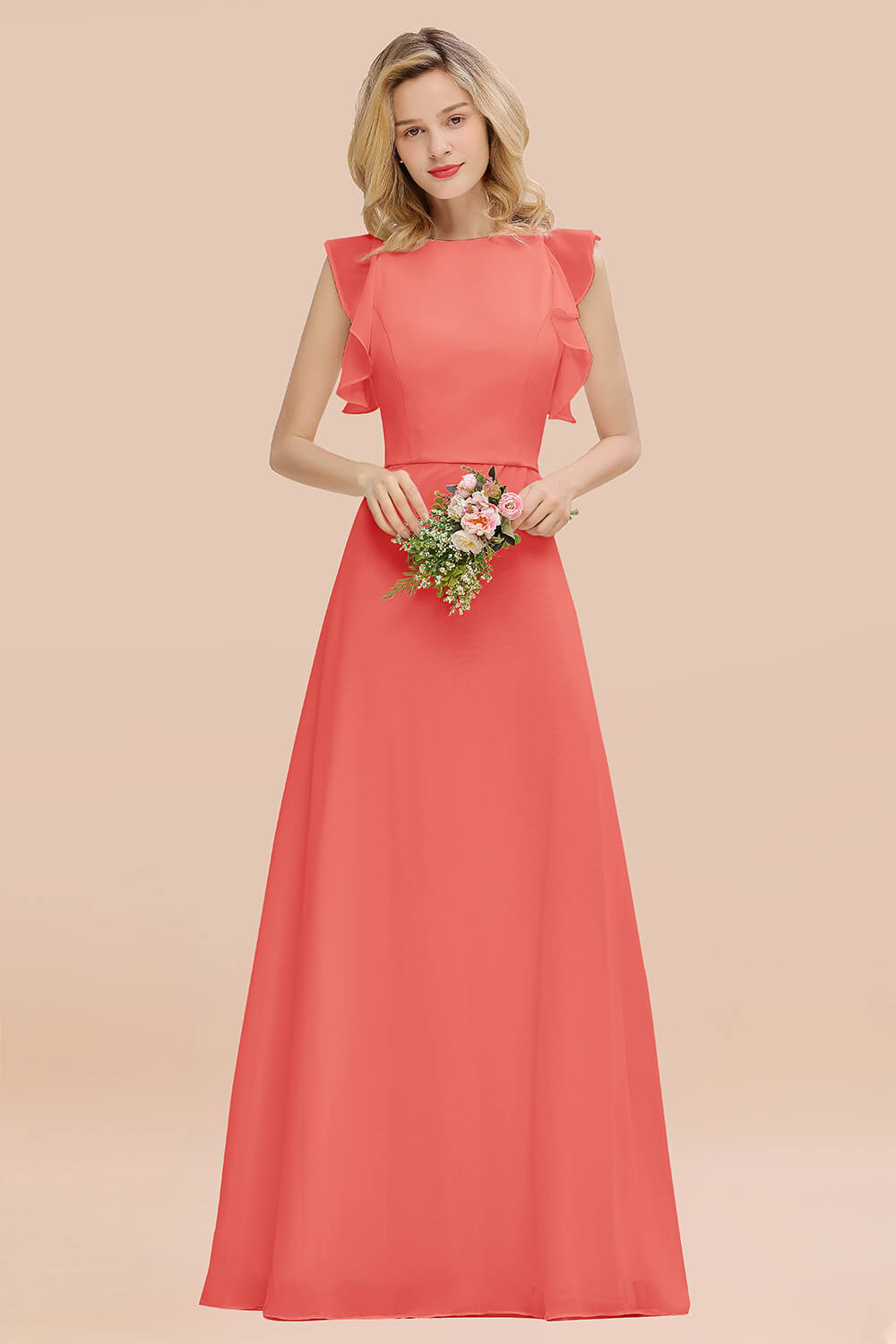 Simple Jewel Draped Sleeves Blushing Pink Bridesmaid Dress Online-Babyonlines