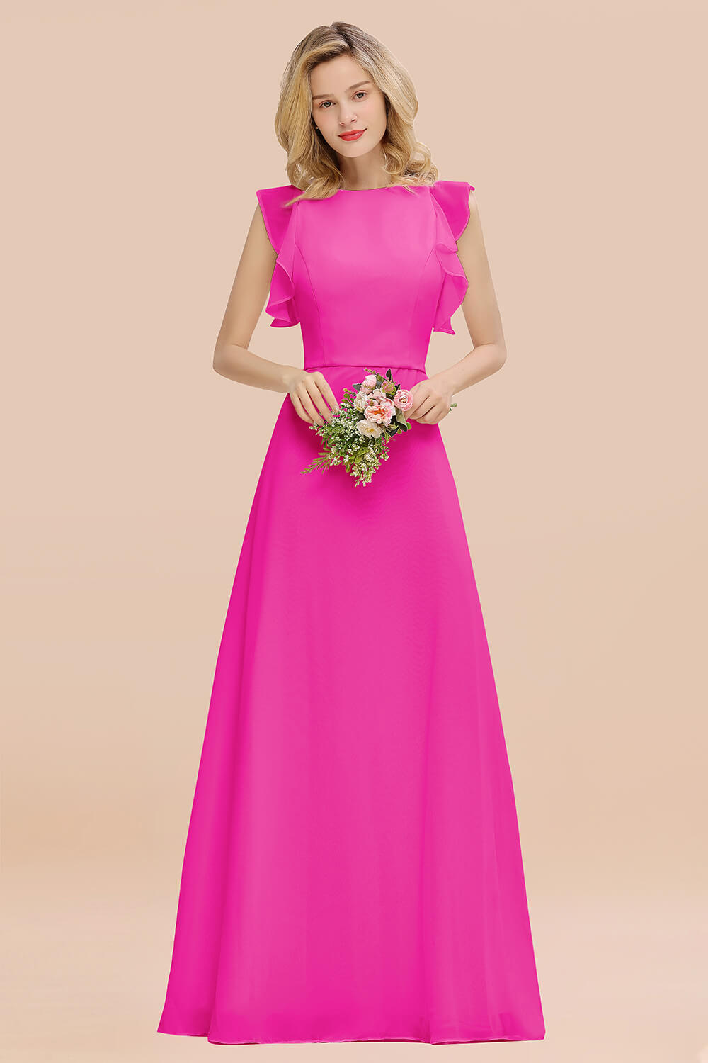 Simple Jewel Draped Sleeves Blushing Pink Bridesmaid Dress Online-Babyonlines