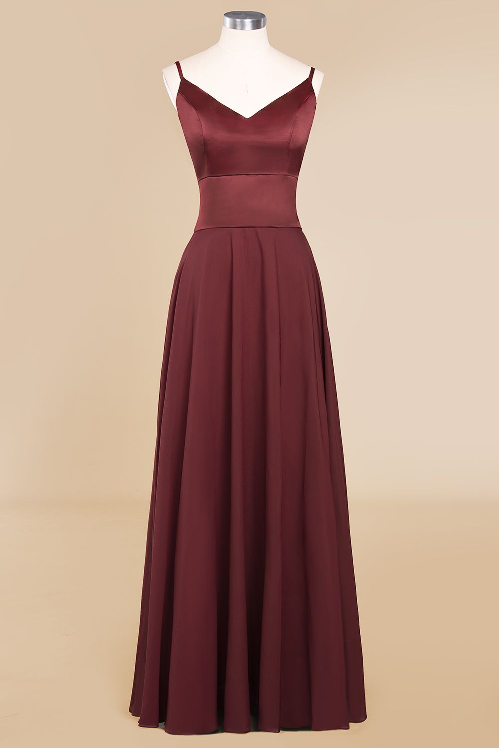 Simple Satin Chiffon Spaghetti-Straps Burgundy Long Bridesmaid Dress-Babyonlines